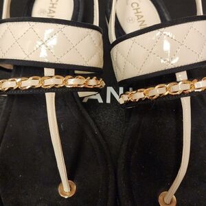 Chanel Beige and Black Sandals with Gold Chain